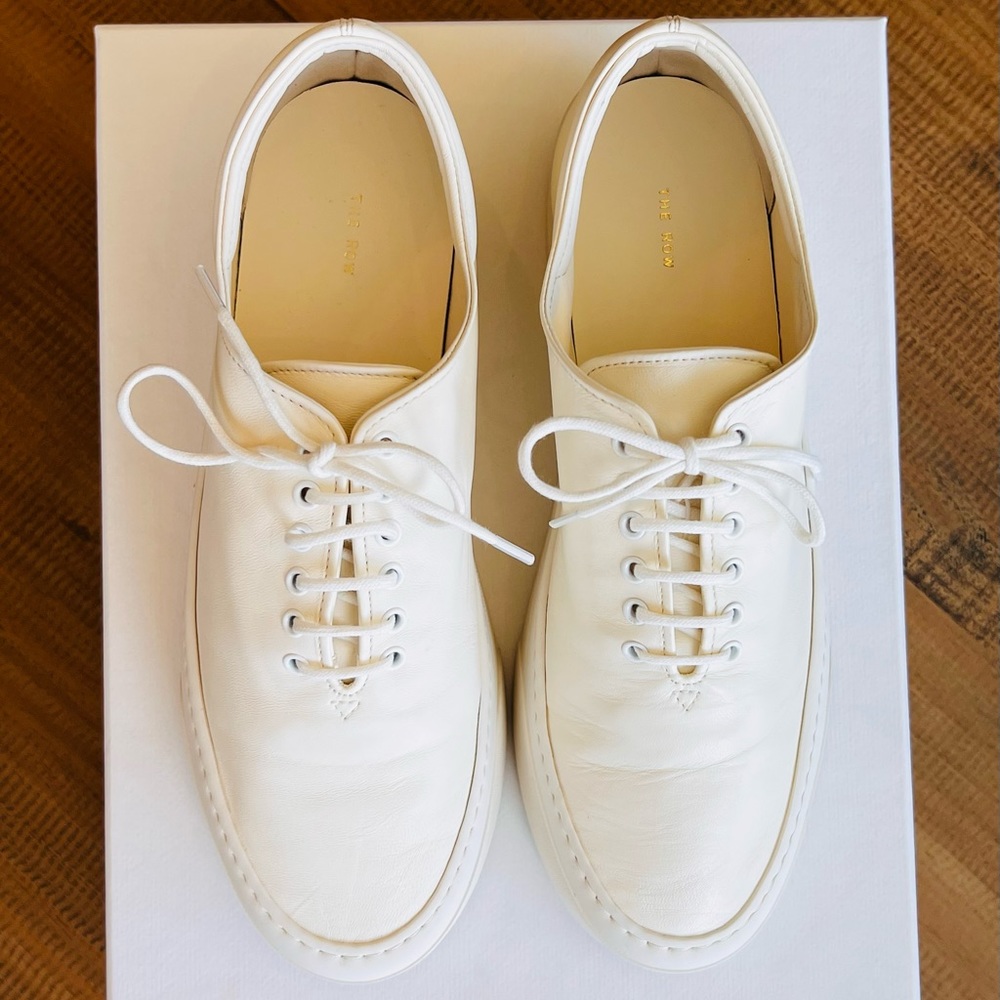 The Row, “Marie H” White Leather Sneaker 39  Lace up, 1” Platform